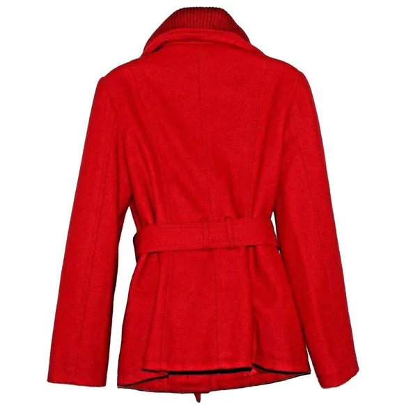 La Redoute US 6 UK 10 Red Belted Wool Blend Full Zip Snaps Knit Collar Coat - Picture 2 of 11
